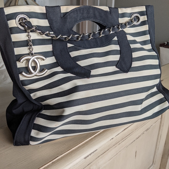 Vintage Striped CC cutout Tote 3 way shoulder bag - Picture 2 of 13